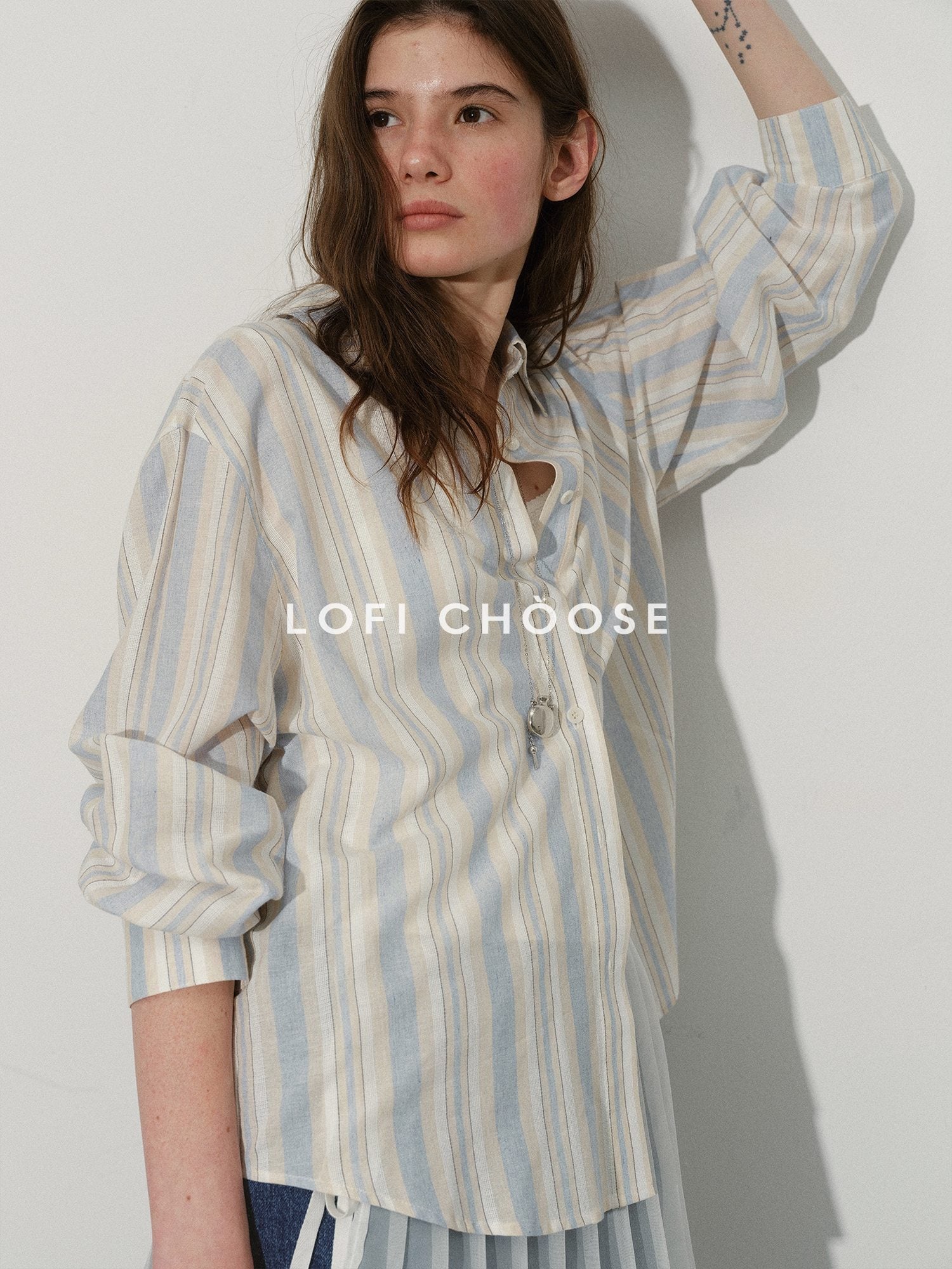 Lofi choose 100 Percent Cotton Loose Colorblock Women Blue Stripe Lapel Long Sleeve Shirts