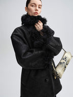 audreyyang Warm Wool Shearling Collar Patchwork Loose Midlength Women Black Long Coats