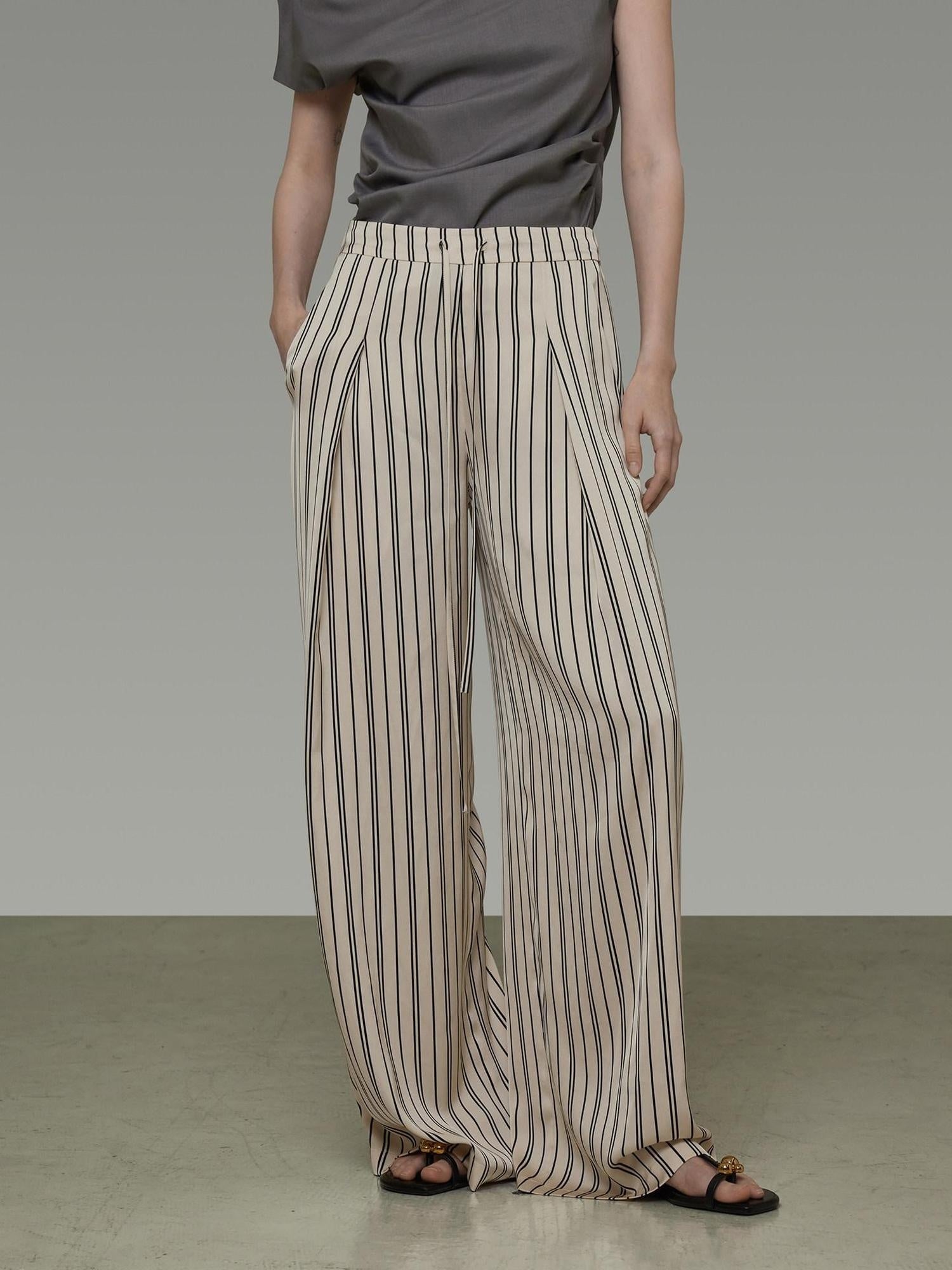 unspoken Minimalist High Waist Elastic Office Loose Striped Polyester Wide Leg Pants