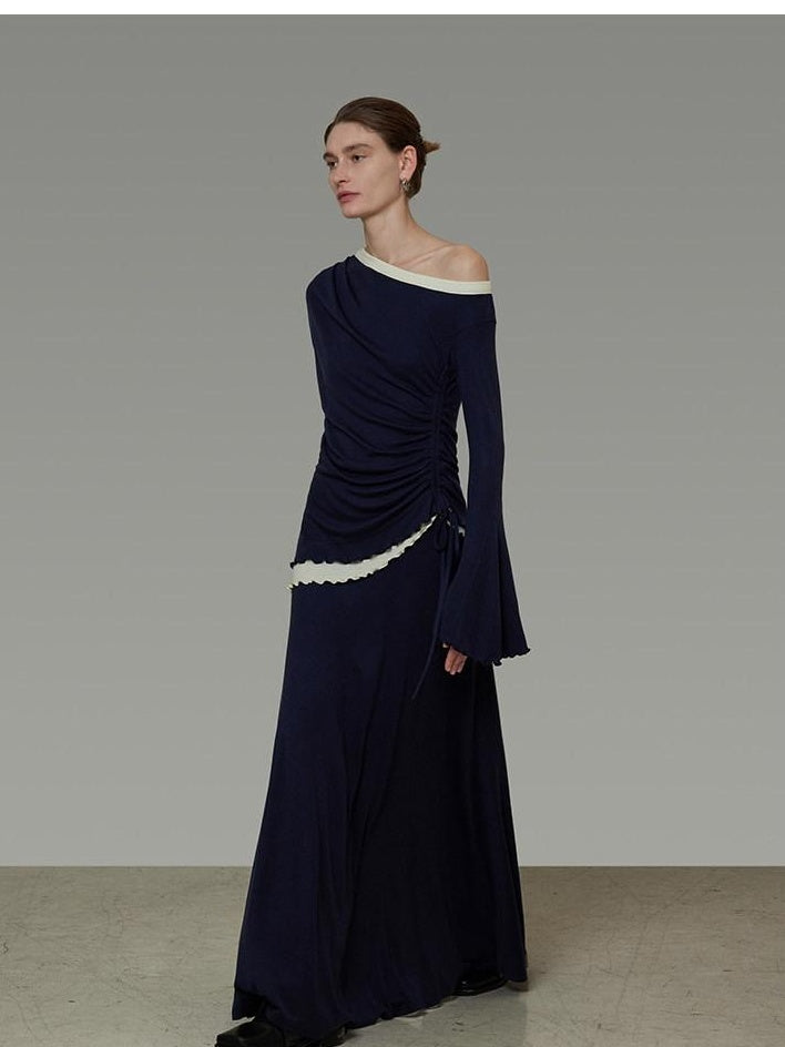 unspoken Navy Tencel Slim Fit Knit Round Neck High Waist Casual Women Top & Skirt Sets