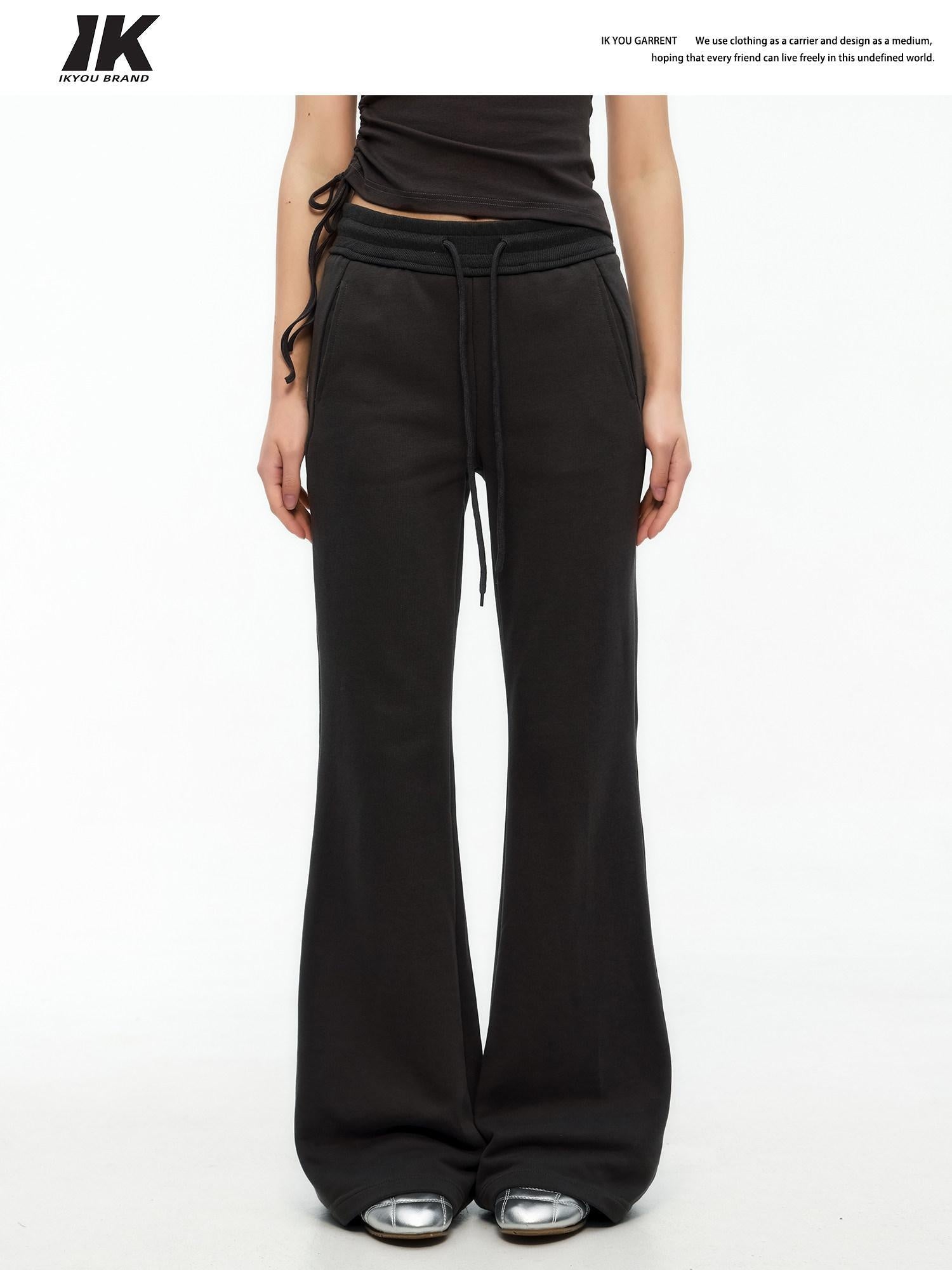 ikyou Minimal Commuter Drawstring Natural Waist Cotton Blend Wrinkle Free Flared Pants