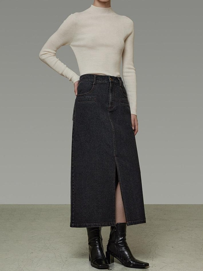unspoken Warm Buttoned Panel Slim High Waist Long Sleeve Women Black Top & Skirt Sets