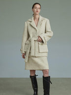 unspoken Porcelain White Wool Blend Minimal Office Single Breasted Notch Top & Skirt Sets