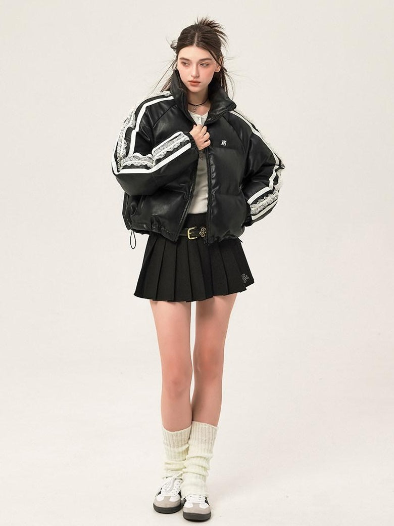 ikyou Thick Pu Leather Short Zip Stand Collar Straight Commuter Black Puffer Jackets
