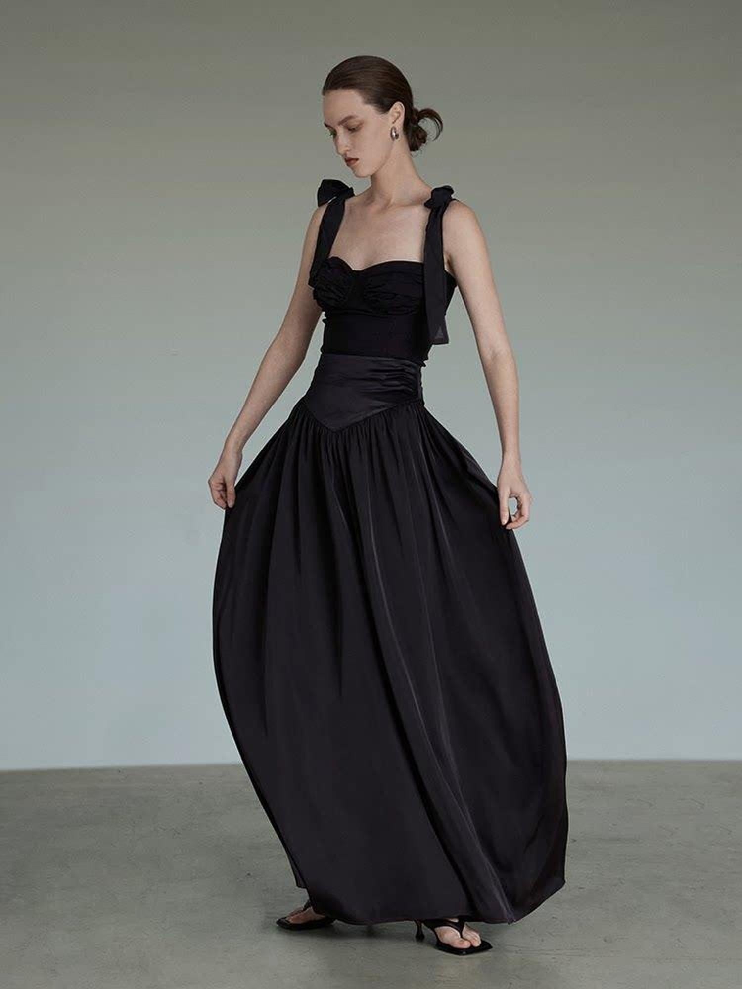unspoken Light Sheen Black High Waist A Line Minimal Office Stretch Maxi Skirts