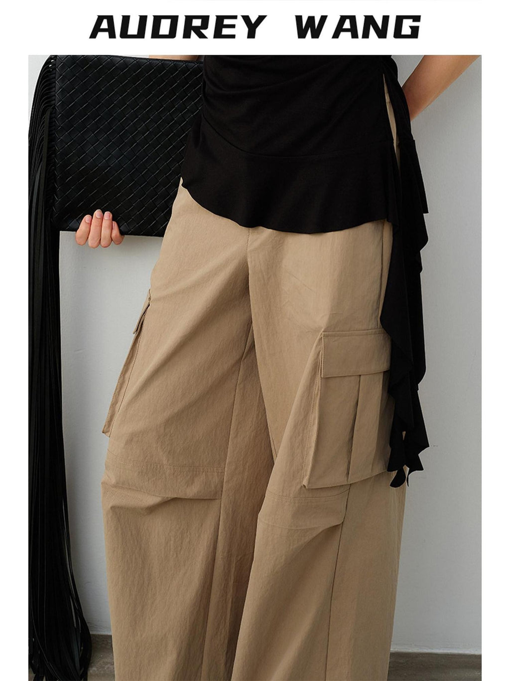 audreyyang Cotton Blend Geometric Pocket Relaxed Fit Commuter Women Straight Pants