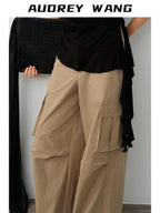 audreyyang Cotton Blend Geometric Pocket Relaxed Fit Commuter Women Straight Pants