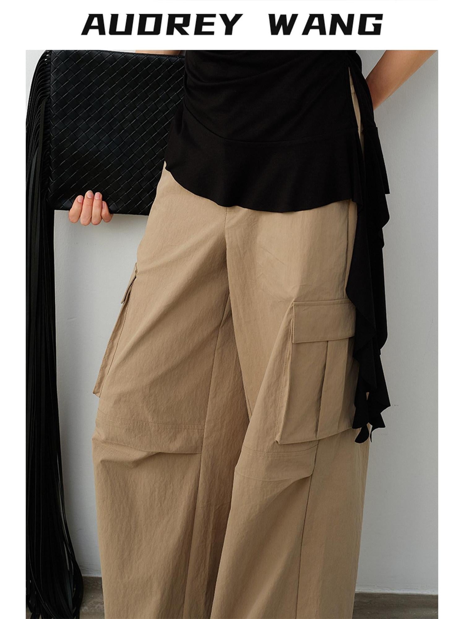 audreyyang Cotton Blend Geometric Pocket Relaxed Fit Commuter Women Straight Pants