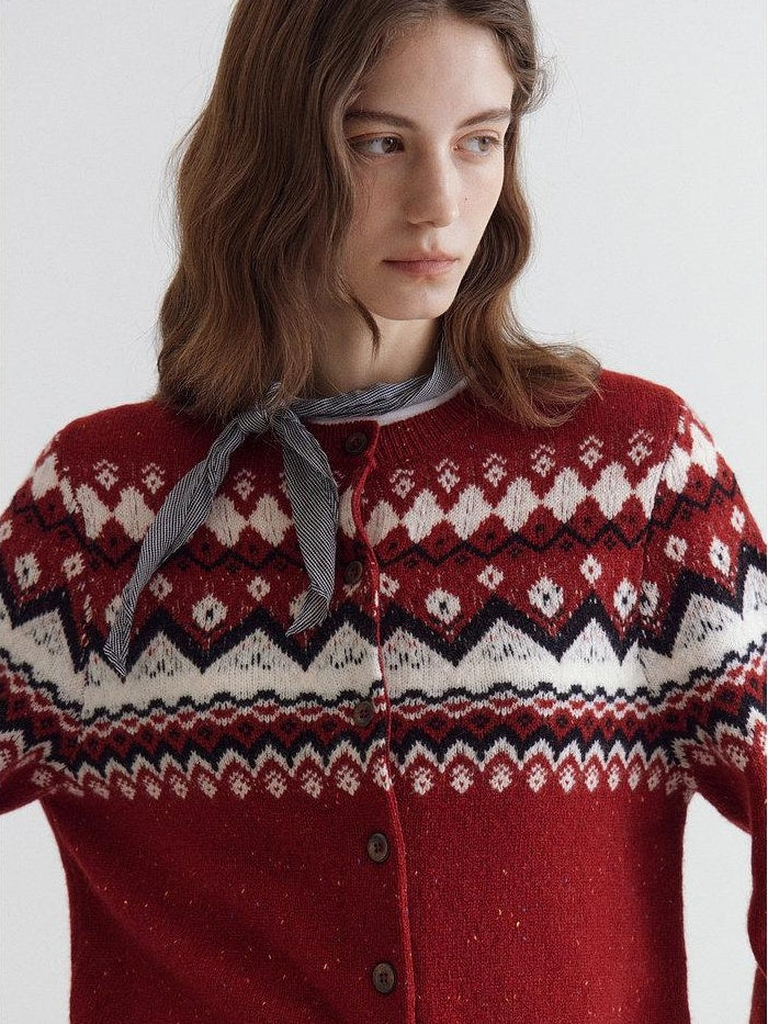 fano Warm Sheep Wool Jacquard Loose Korean Commuter Crewneck Red Women Cardigans