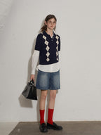 Lofi choose Cozy Argyle Polo Short Sleeve Loose Fit Vintage Knitwear Women Sweaters
