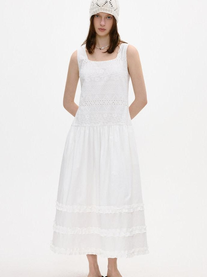 fano Cotton Korean Work Aline Sleeveless Round Neck Natural Waist White Maxi Dresses
