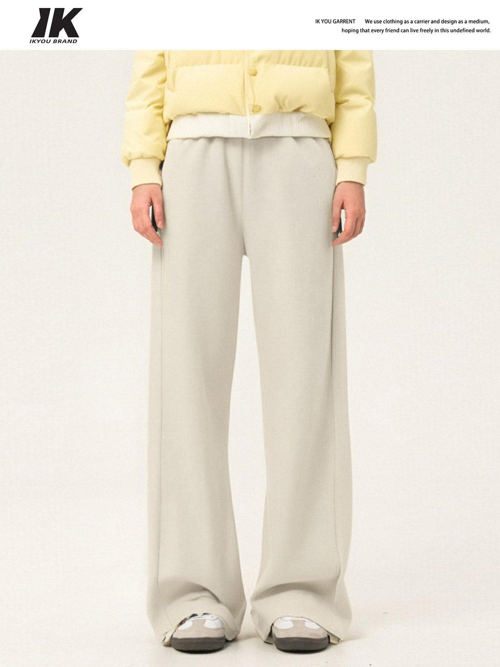 ikyou Embroidered High Waist Minimalist Office Beige Elastic Waist Wide Leg Pants
