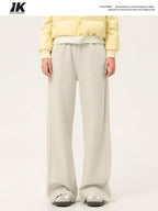 ikyou Embroidered High Waist Minimalist Office Beige Elastic Waist Wide Leg Pants