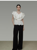 unspoken Breathable Cotton Blend Ruffle Collar Loose Minimal Commuter Women Blouses