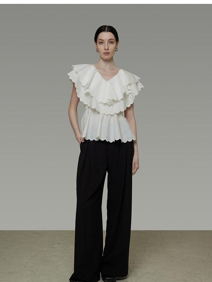 unspoken Breathable Cotton Blend Ruffle Collar Loose Minimal Commuter Women Blouses