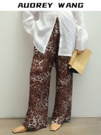 audreyyang Leopard Print Minimal Elastic Waist Natural Rise Commuter Women Wide Leg Pants