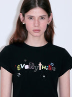 fano Creative Print Soft Cotton Blend Fitted Korean Black Long Sleeve Crop Tops