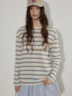 Lofi choose Polyester Blend Colorblock Blue Stripe Relaxed Crew Neck Long Sleeve T-Shirts