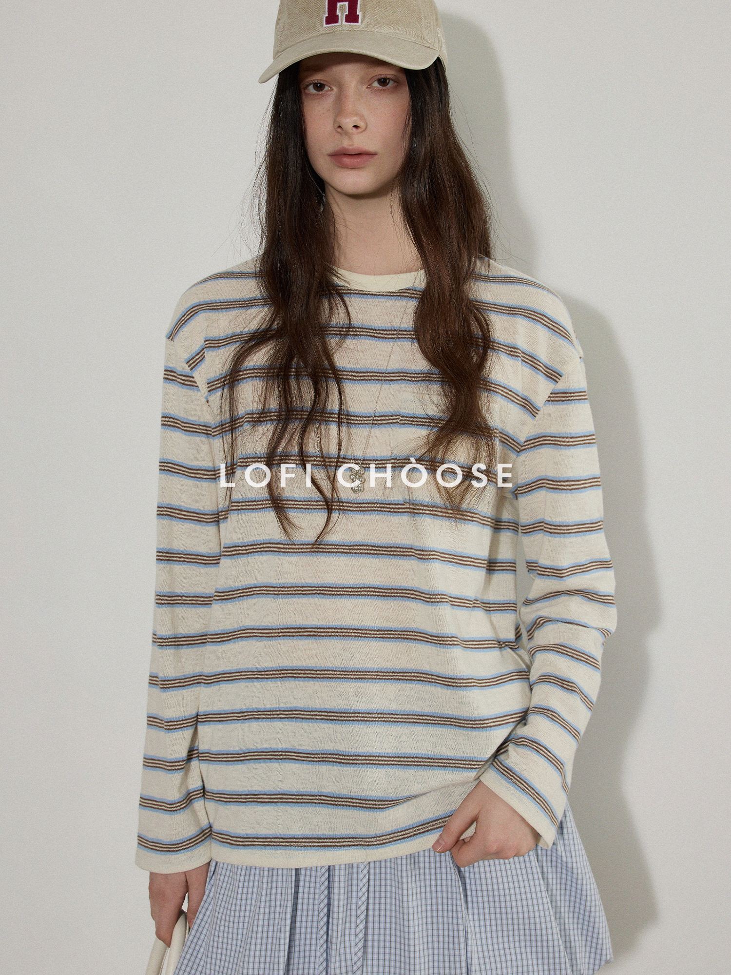 Lofi choose Polyester Blend Colorblock Blue Stripe Relaxed Crew Neck Long Sleeve T-Shirts