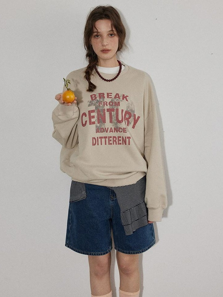 Lofi choose Oversized Letter Print Crewneck Pullover Commuter Style Women Oatmeal Sweatshirt
