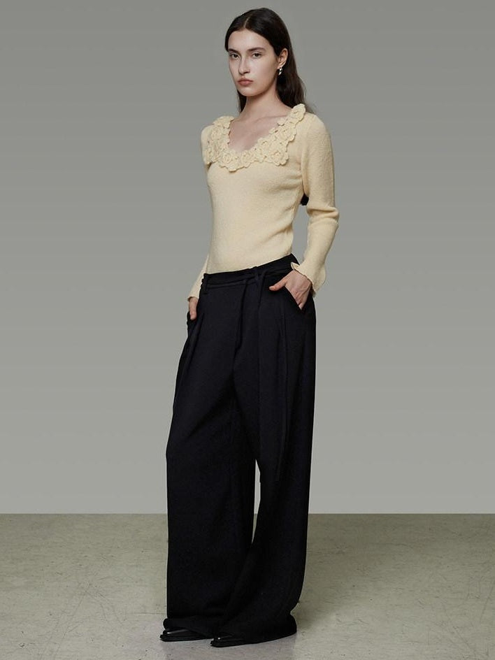 unspoken High Waist Tie Detail Minimalist Breathable Office Black Polyester Wide Leg Pants