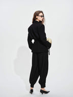audreyyang Oversized Cinched Waist Short Notch Lapel One Button Black Polyester Blazers