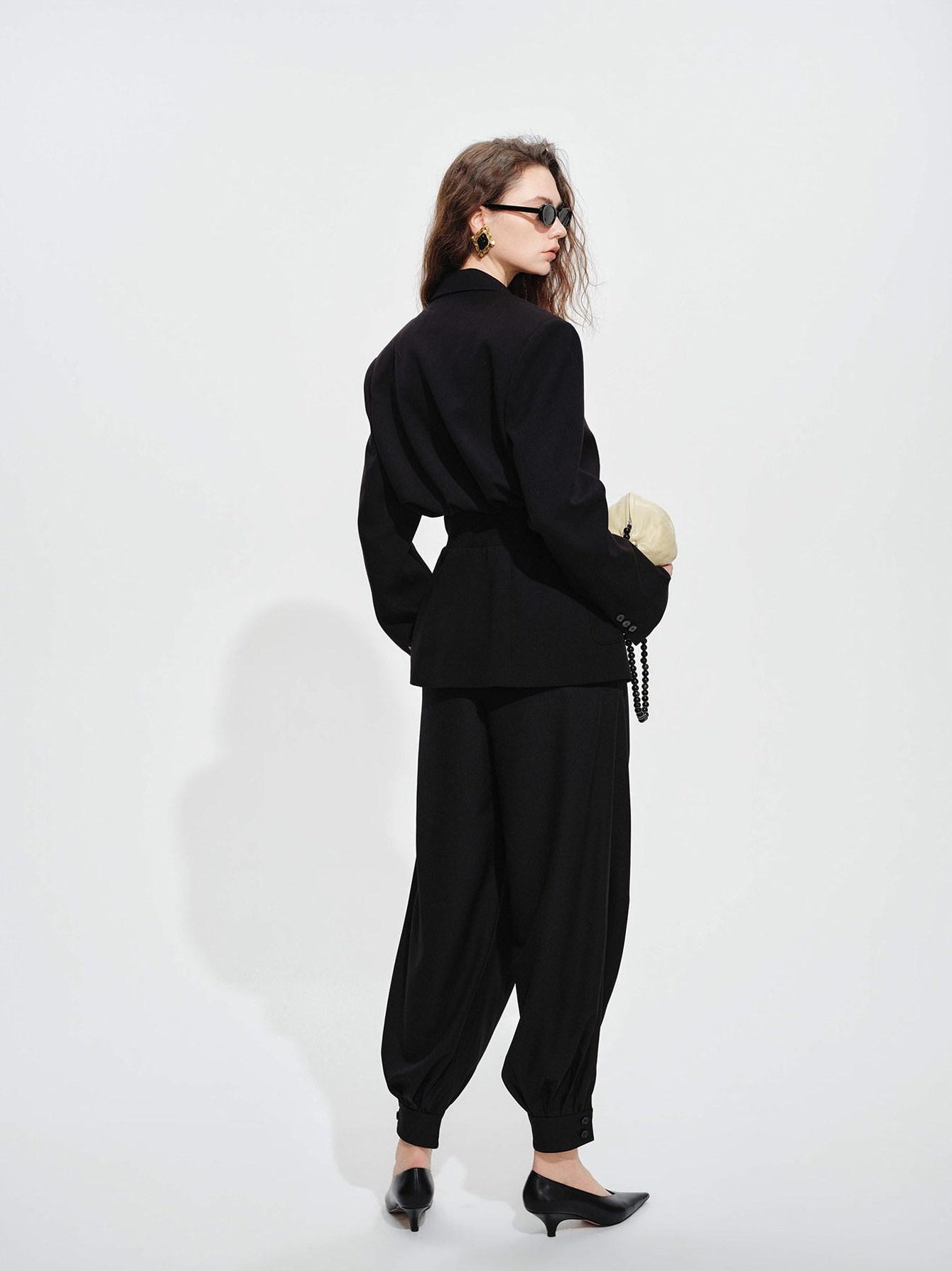 audreyyang Oversized Cinched Waist Short Notch Lapel One Button Black Polyester Blazers