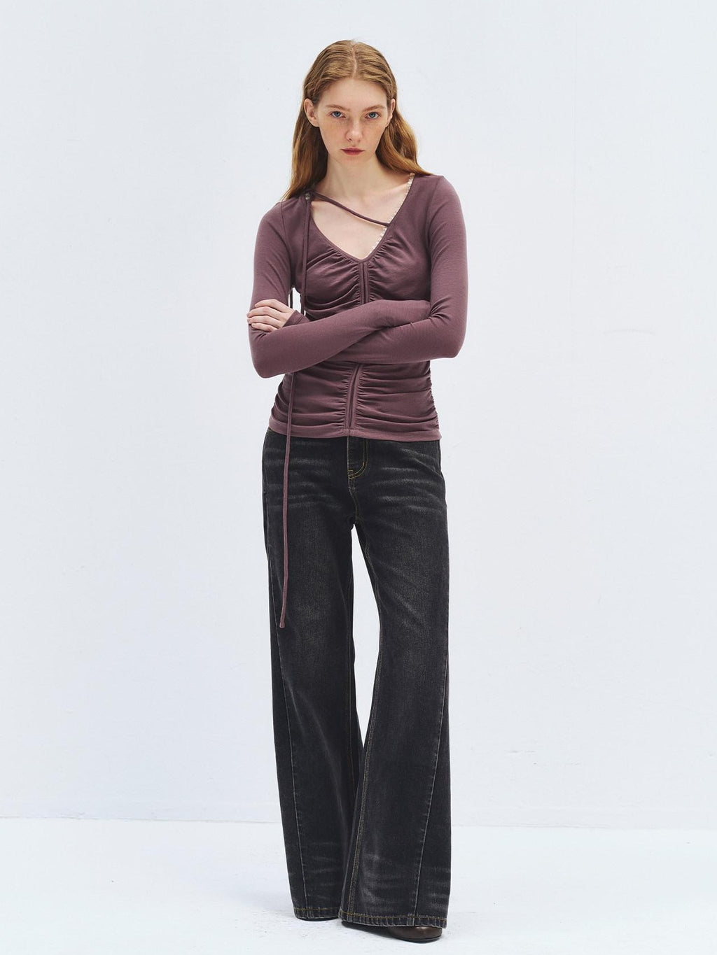 someonesometimes Lyocell Wool Slim Fit V-neck Knit Women Fig Purple Long Sleeve T-Shirts