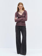 someonesometimes Lyocell Wool Slim Fit V-neck Knit Women Fig Purple Long Sleeve T-Shirts