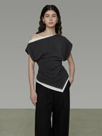 unspoken Viscose Knit Slim Minimal Women Colorblock Off Shoulder Crop Tops
