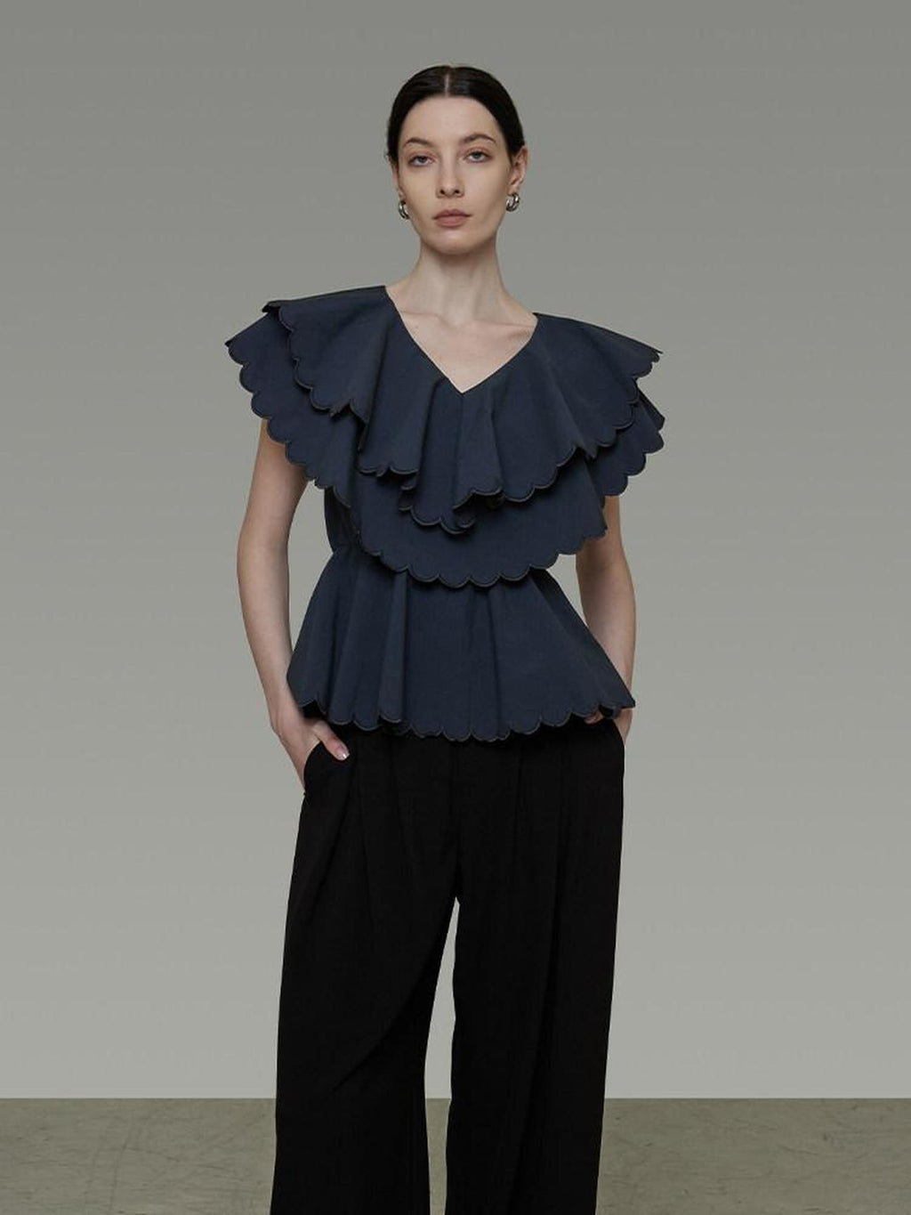 unspoken Breathable Cotton Blend Ruffle Collar Loose Minimal Commuter Women Blouses