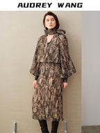 audreyyang Black Polka Dot Viscose Blend Puff Sleeve Cinched Waist Women Maxi Dresses