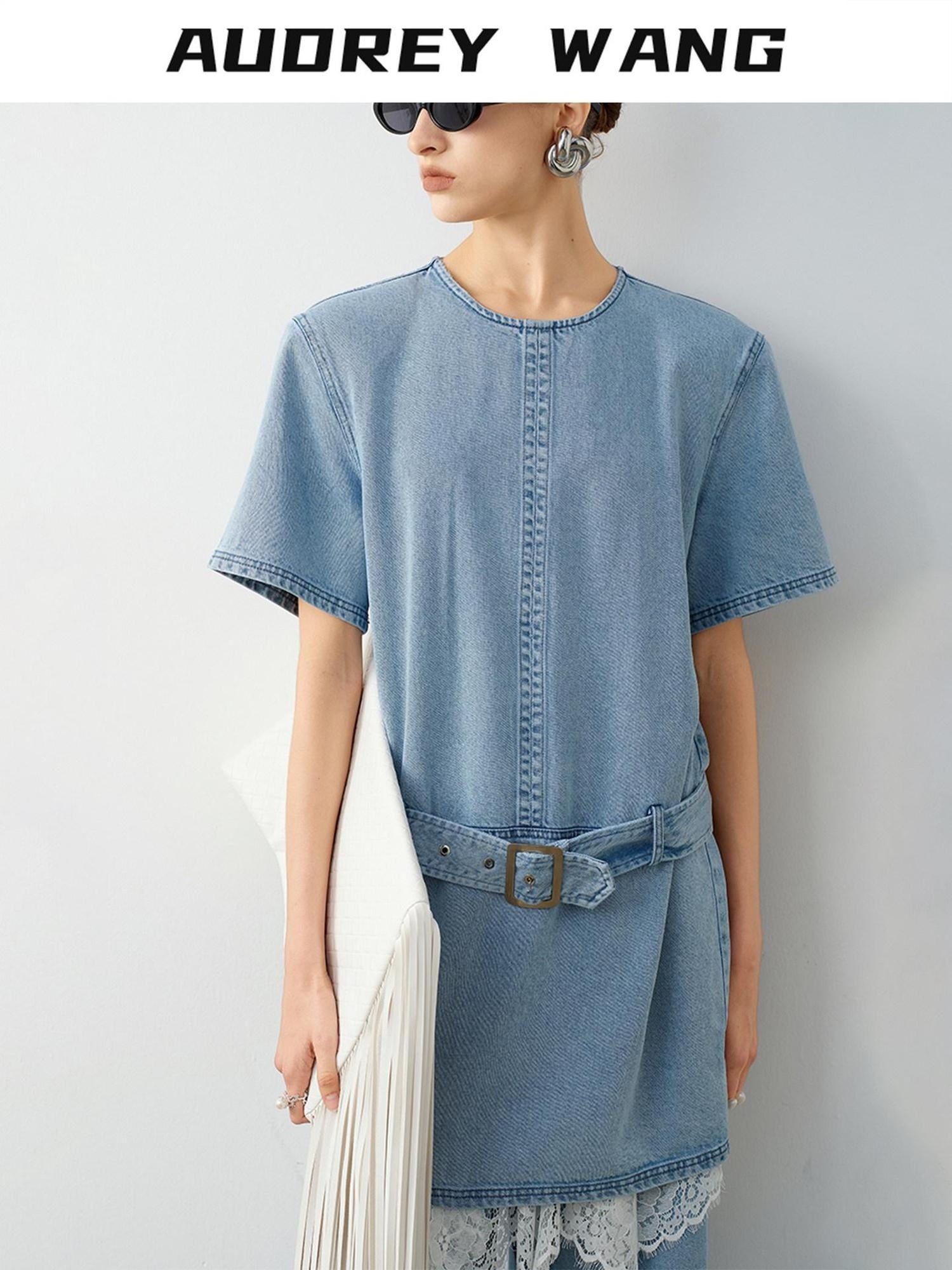 audreyyang Washed Tencel Micro Stretch Straight Fit Denim Blue Casual Short Sleeve T-Shirts