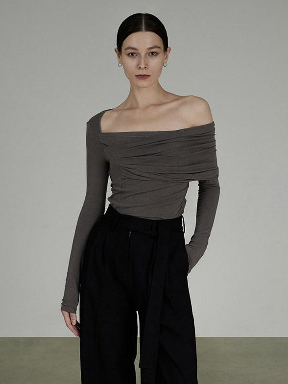 unspoken Slim Ruched Office Knit Long Sleeve Women Sage Green Off Shoulder Crop Tops