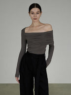unspoken Slim Ruched Office Knit Long Sleeve Women Sage Green Off Shoulder Crop Tops