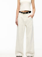 ikyou Durable Brushed Denim Natural Waist Loose Women Casual White Wide Leg Jeans