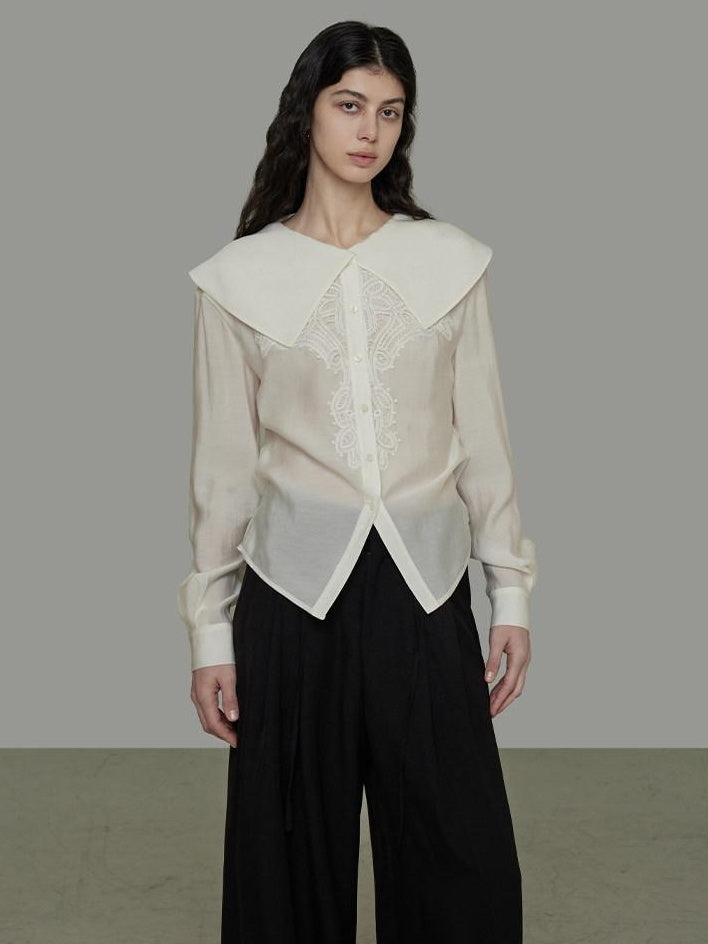 unspoken Lyocell Embroidered Doll Collar Loose Fit Women White Button Long Sleeve Blouses