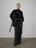 unspoken Faux Fur Lined Minimal Oversized Womens Black Round Neck Long Sleeve Short Coat
