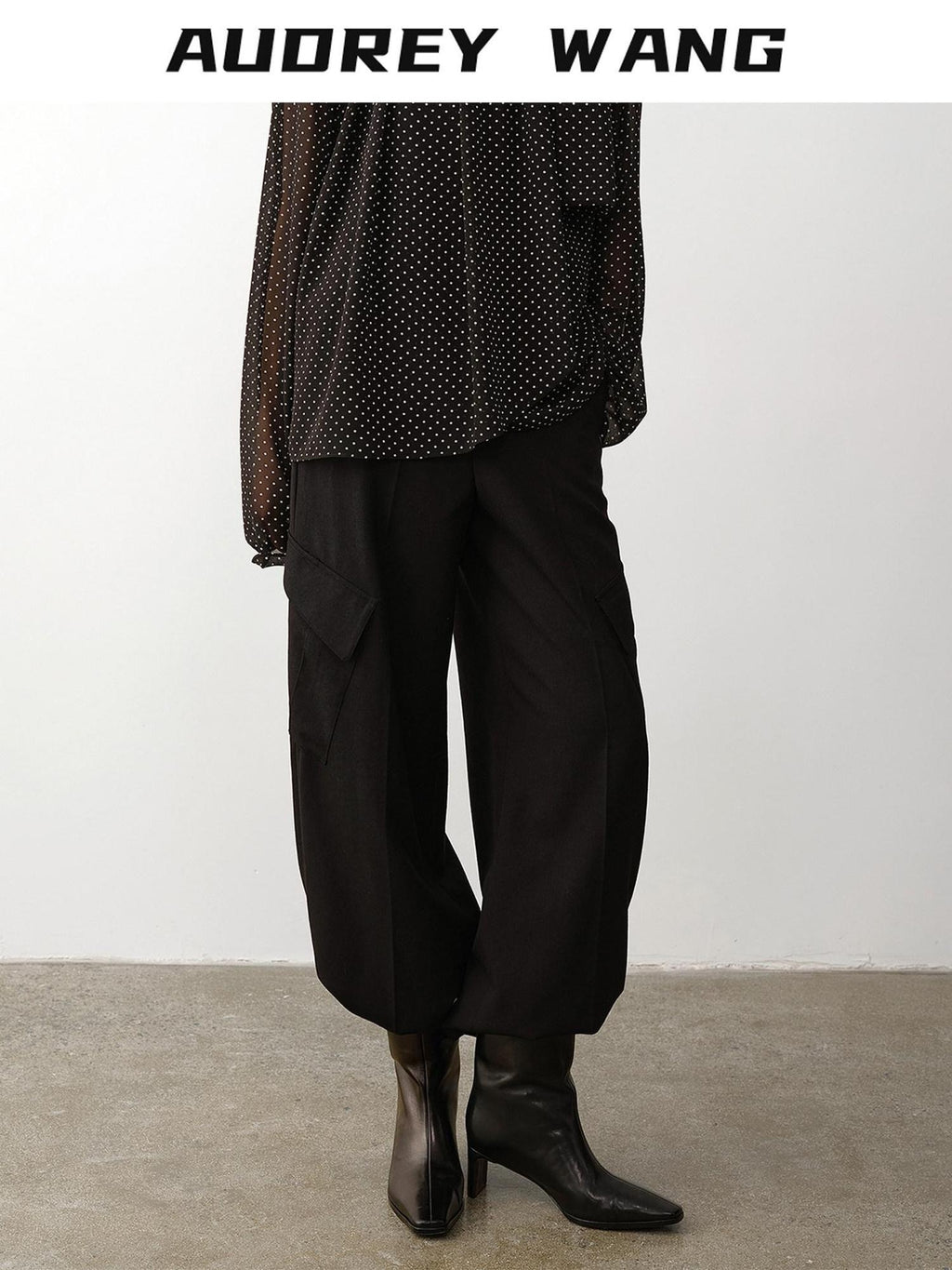 audreyyang High Waist Korean Workwear Black Polyester Viscose Wide Leg Pants