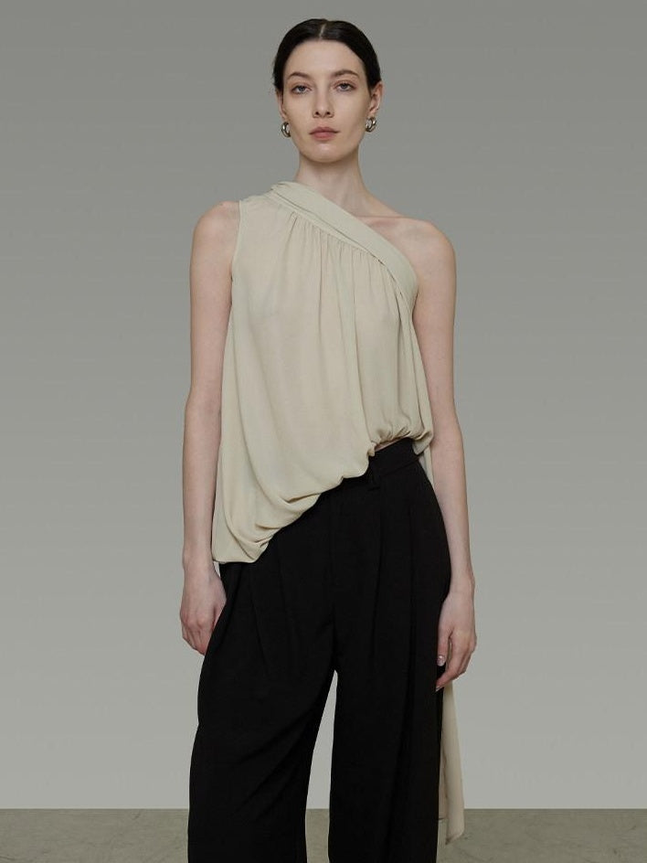 unspoken Polyester French Asymmetric One Shoulder Loose Fit Women Solid Camisoles