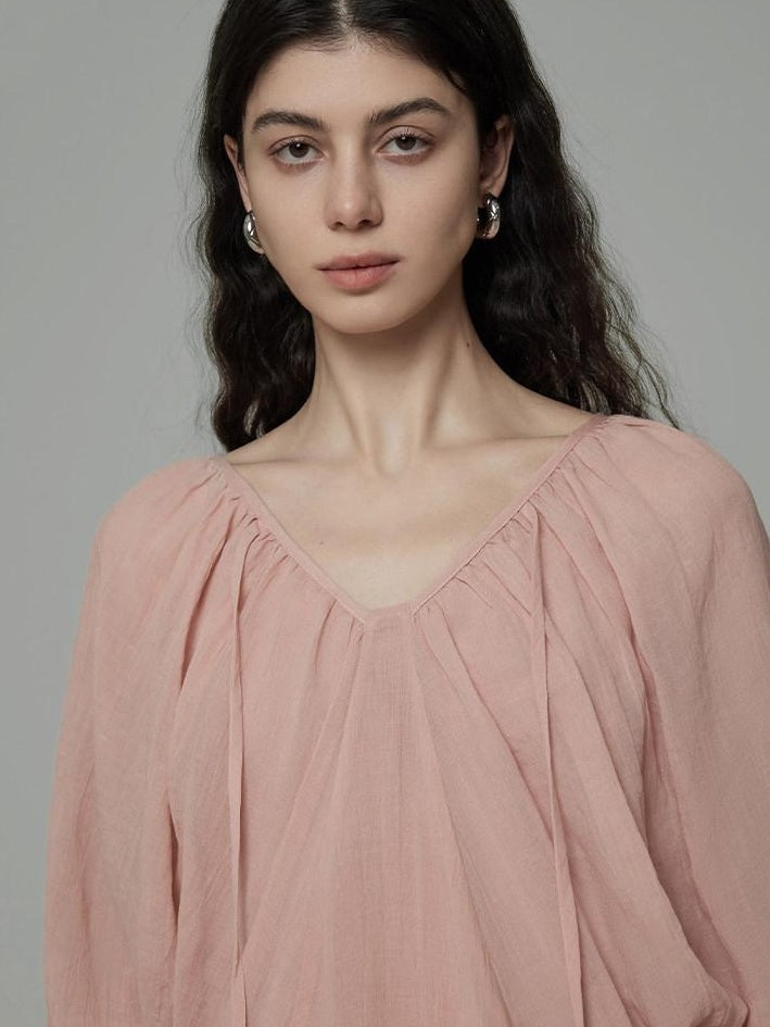 unspoken Breathable Linen Lyocell Blend Minimal A Line V-neck Pleated Women Maxi Dresses