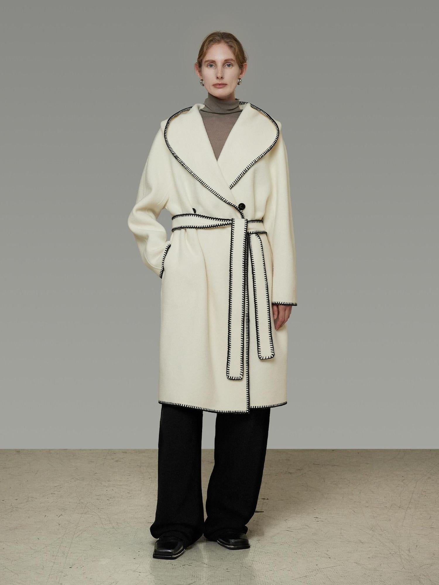 unspoken Thick Hooded Oversized Mid Length Tie Belt Minimalist Commuter White Wool Coats