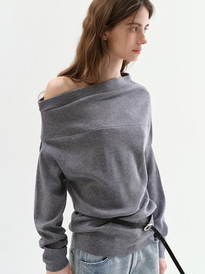 fano Minimalist Office Regular Asymmetric Neck Batwing Sleeve Women Nylon Sweaters