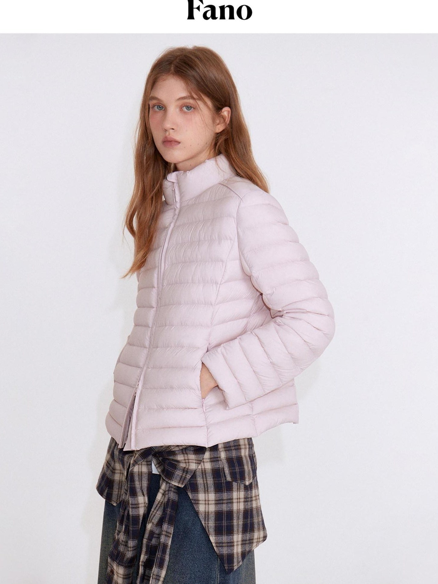 fano 90% White Duck Down Warm Slim Short Stand Collar Zipper Pink Down Jackets