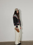 Lofi choose Lightweight Geometric Button Round Neck Loose Fit Office Women Knit Cardigans