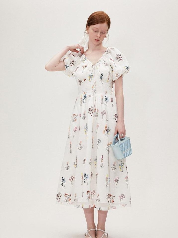 fano Lyocell Embroidered High Waist Puff Sleeve Aline Square Neck Party Maxi Dresses