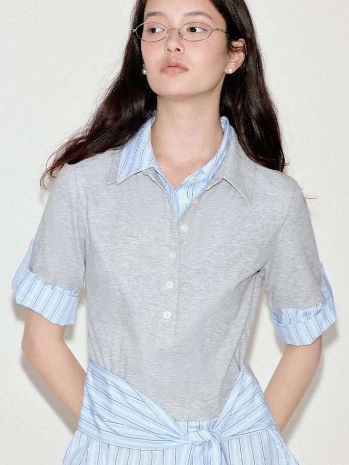 fano High Waist A Line Polo Collar Short Sleeve Cotton Blend Light Blue Midi Dresses