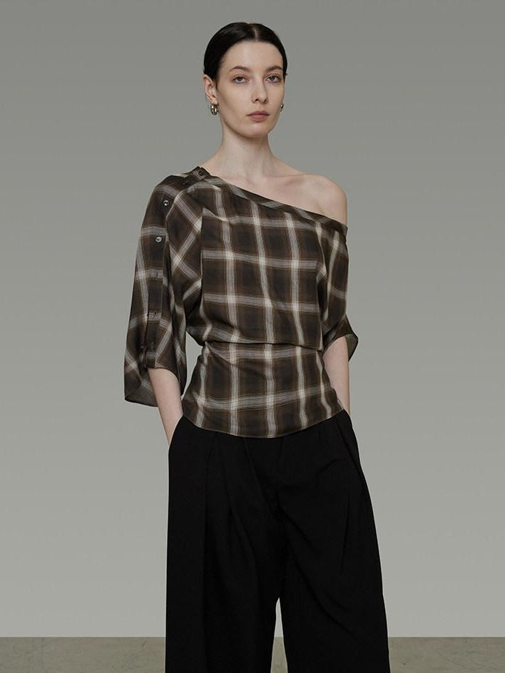 unspoken Breathable Viscose Slim Asymmetric Slant Neck Green Plaid Off Shoulder Crop Tops