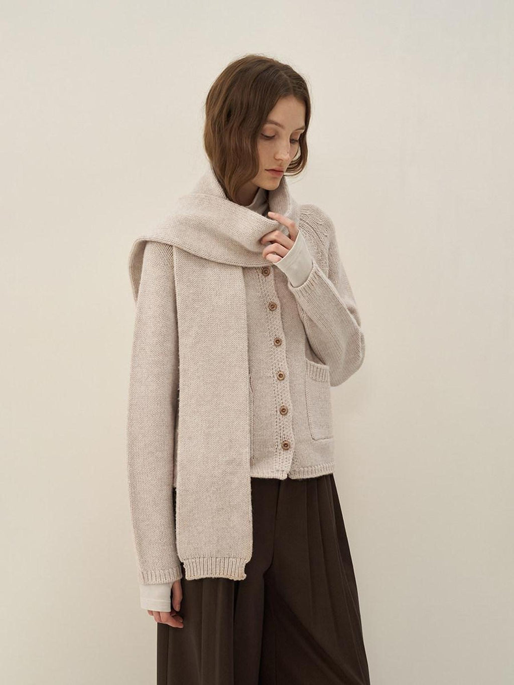 someone sometimes Wool Blend Button Front Round Neck Long Sleeve Commuter Oatmeal Beige Cardigans