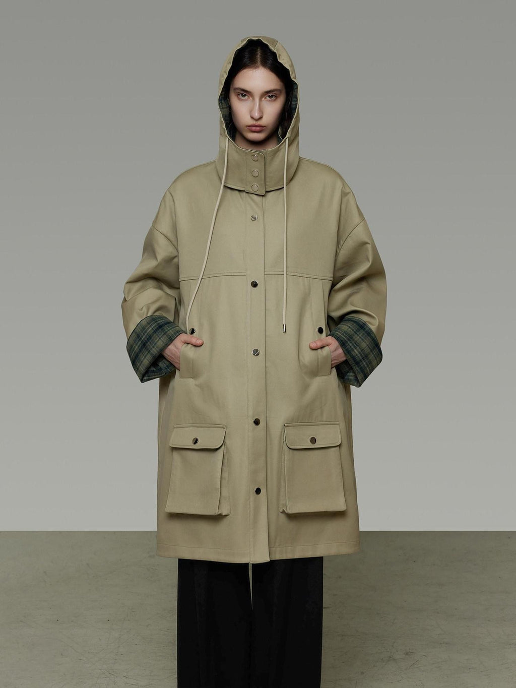 unspoken Breathable Pure Cotton Minimalist Loose Midlength Women Plaid Khaki Trench Coats
